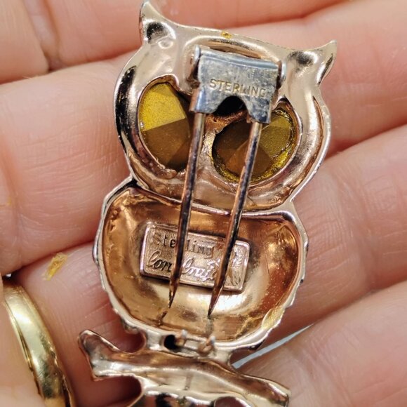 Vtg Coro Sterling Silver Green Owl Brooch/ Fur Clip & Screw Back Earrings Set - Picture 9 of 12